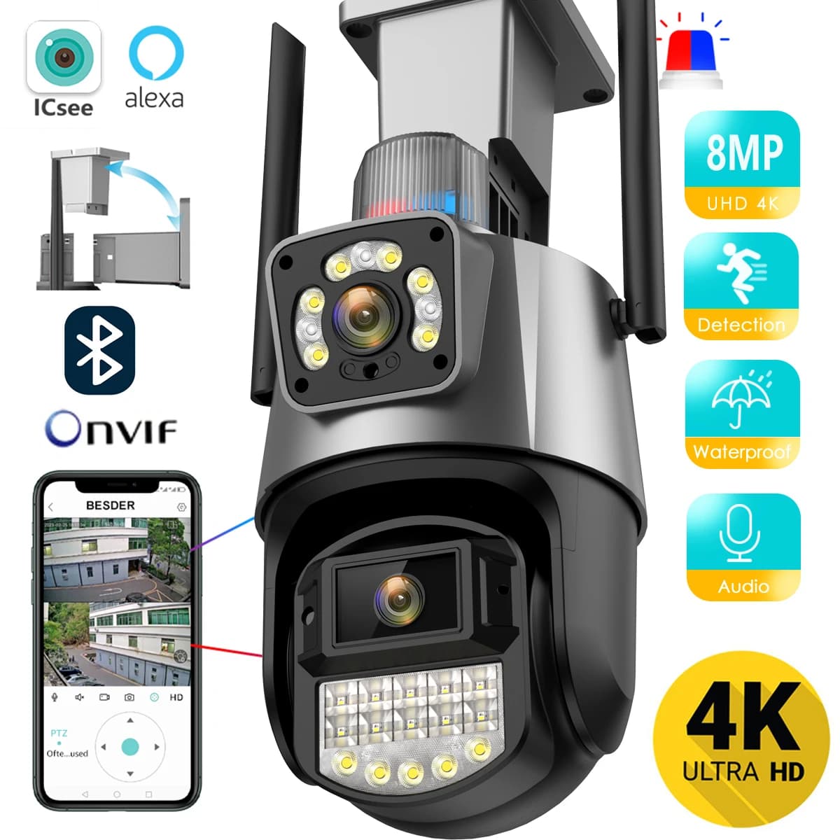 BESDER Wifi PTZ Camera 8MP Dual Screen IP Cam Outdoor Surveillance Camera IP66 Waterproof Home Security System With Noice Alarm