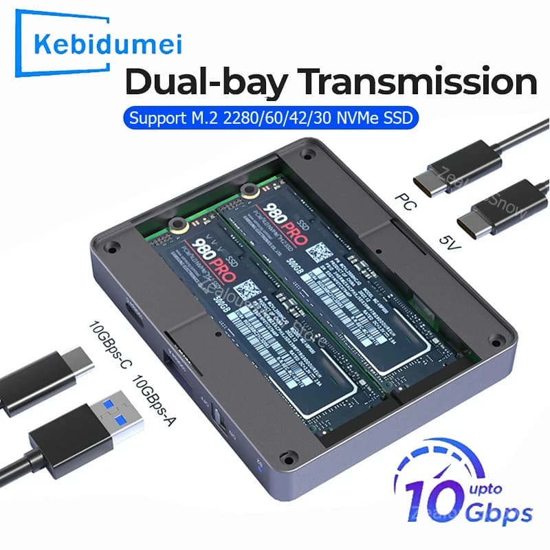Custodia SSD Dual Bay M.2 NVMe Custodia SSD NVMe PCIe M.2 Adattatore esterno USB C 3.2Gen2 portatile per MacBook PC Hard Disk Box
