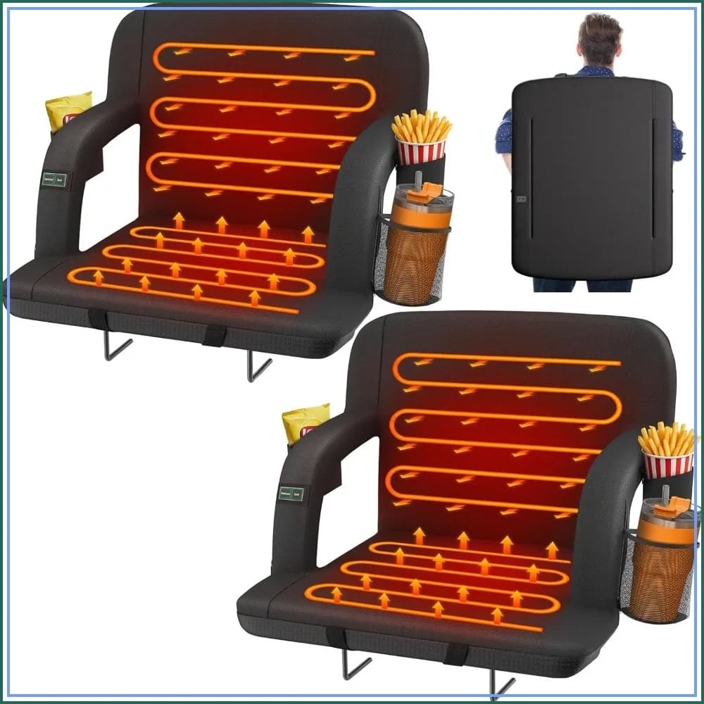 23" 2pcs Dual-Sided Heated Stadium Seats with Back Support, 3 Levels Heating, 5 Pockets Portable Bleacher Chair
