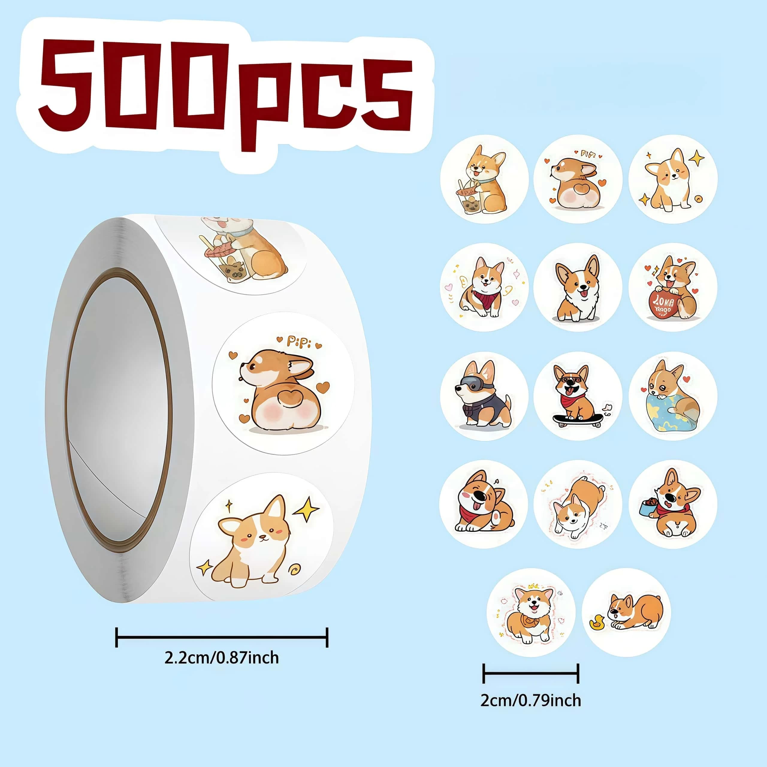 Rotolo di adesivi Kawaii Corgi a gamba corta da 500 pezzi, decalcomanie per cani simpatico cartone animato per fai da te, diario e abbellimento regalo