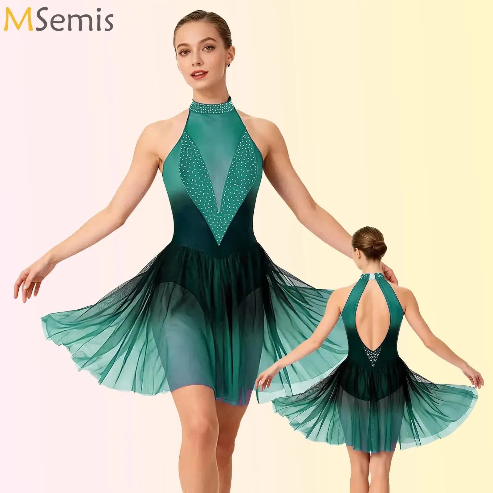 Ginnastica da donna Pattinaggio artistico di figura Balletto Danza lirica Costume da spettacolo Halter Strass Abito in rete trasparente sfumato