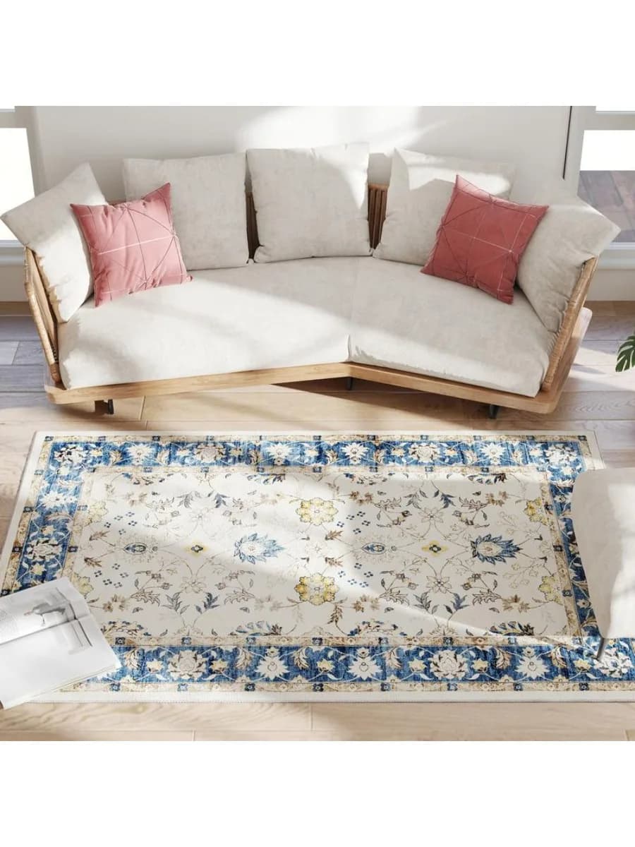 Tappeto Lavabile in Lavatrice 4x6, Antiscivolo con Stampa Floreale Boho per Soggiorno, Camera da Letto, Sala da Pranzo, Blu