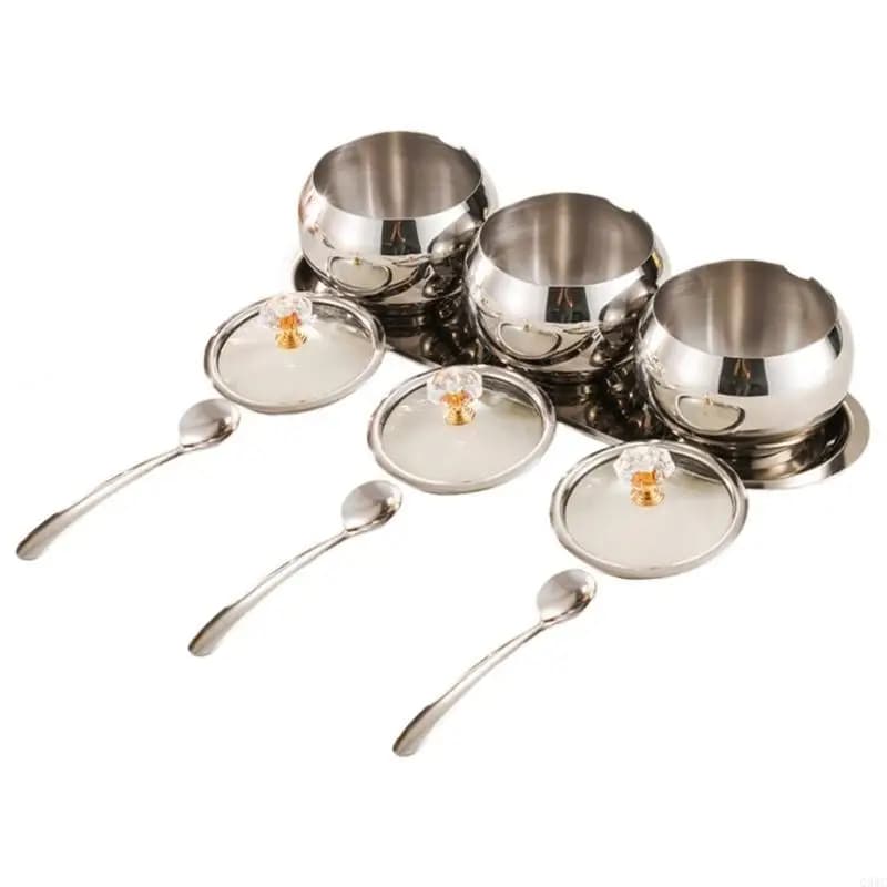 Set condimenti da cucina salvaspazio in acciaio inossidabile con 3 vasetti, cucchiai e vassoio Q5WC