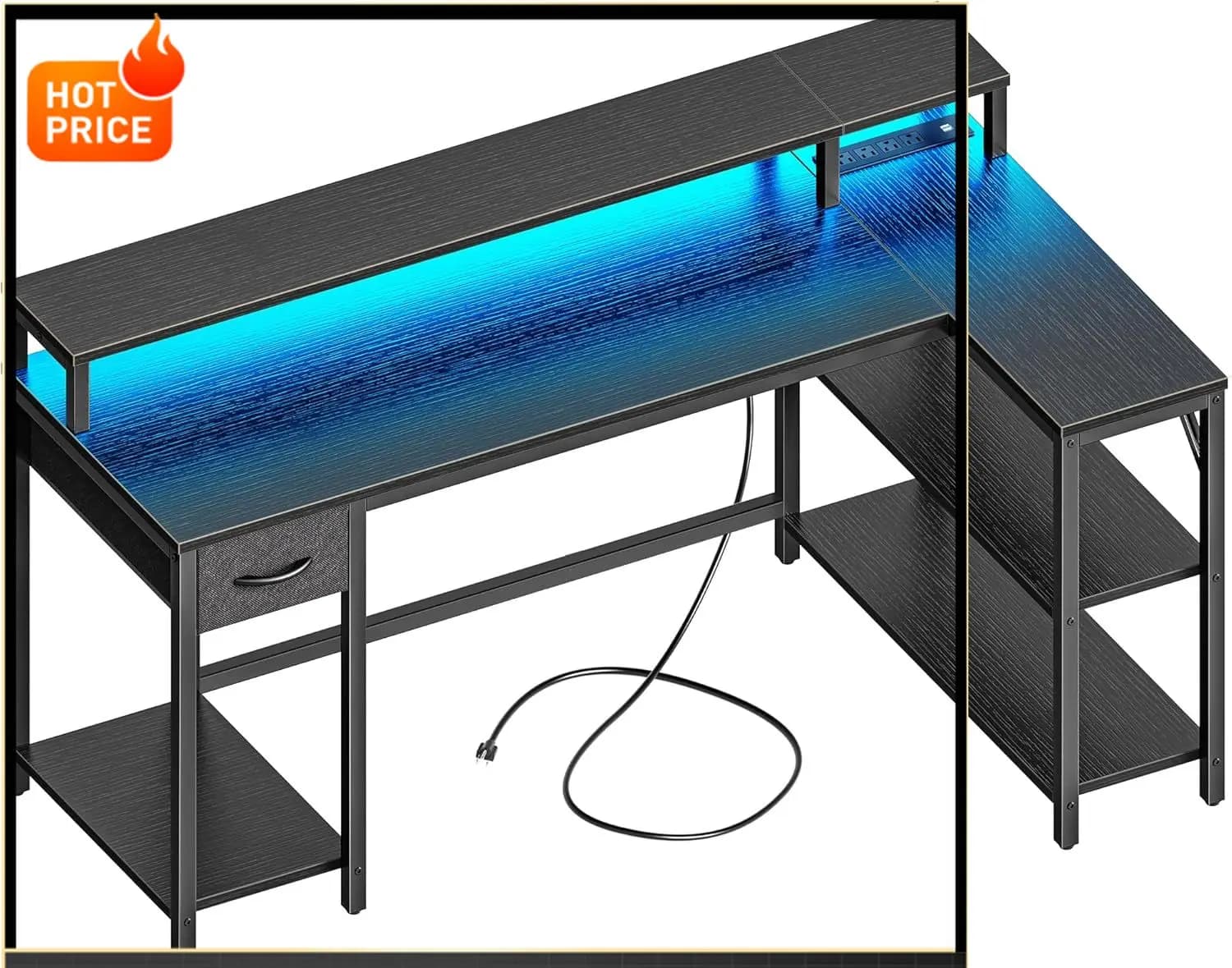 Bestseller Scrivania da Gaming a L da 53 Pollici con Luci LED e Prese di Corrente, Scrivania per Computer Reversibile con Ripiani e Supporto Monitor