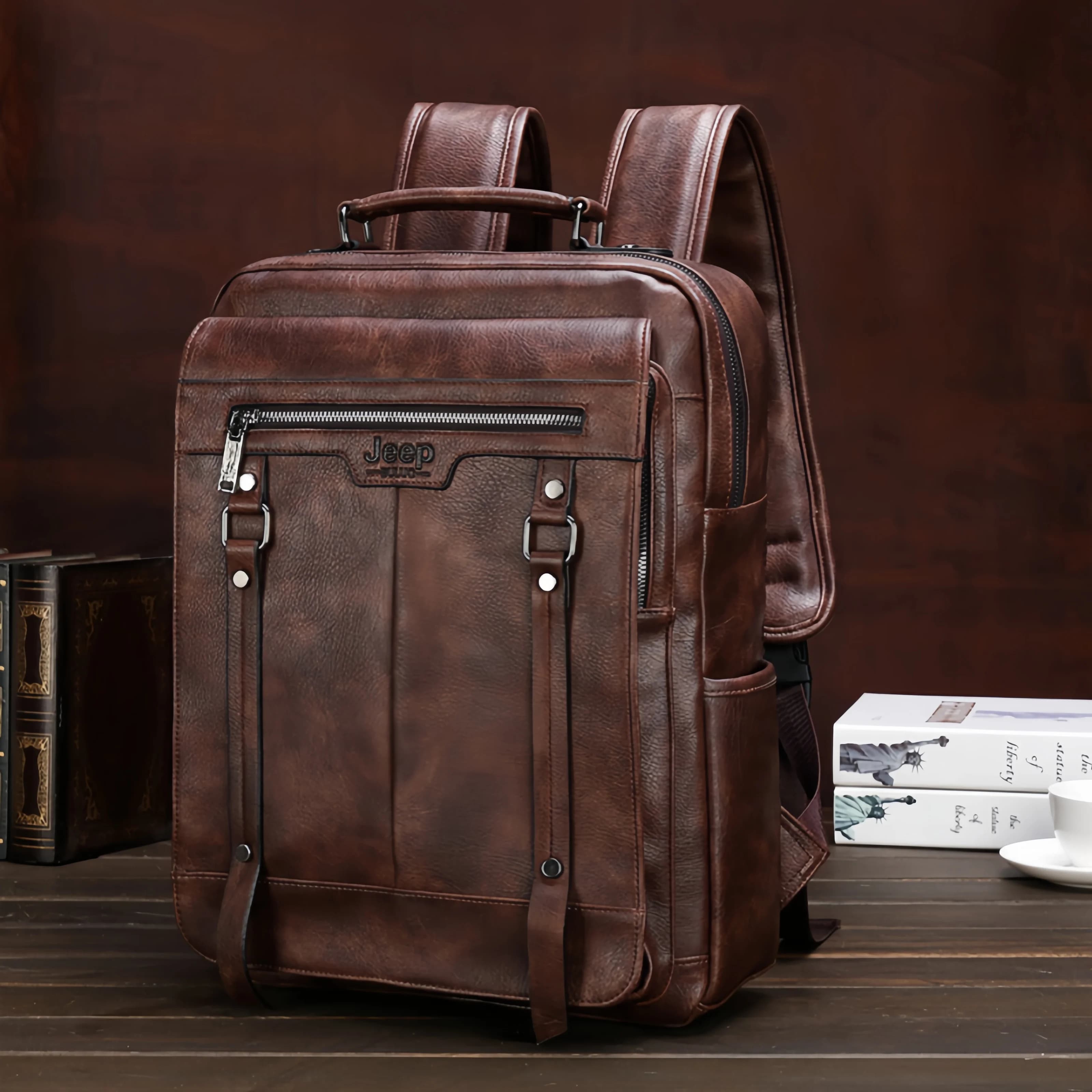 Jeep Buluo Men's Leather Backpack Business Laptop Bag Vintage Casual Travel Rucksack for Daily Use & Work