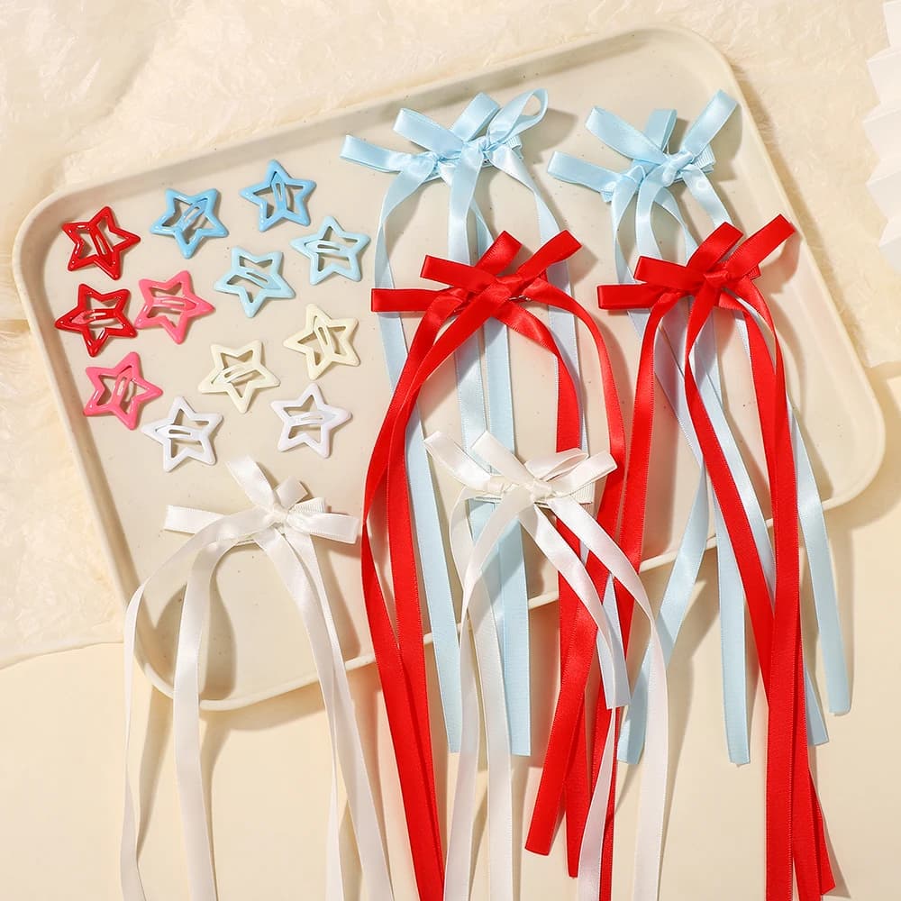 6 pcs/set Y2k Star Snap Hair Clips With Solid Long Double Coil Horse Ribbon Bowknot for Women Girls Sweet Hair Accessories