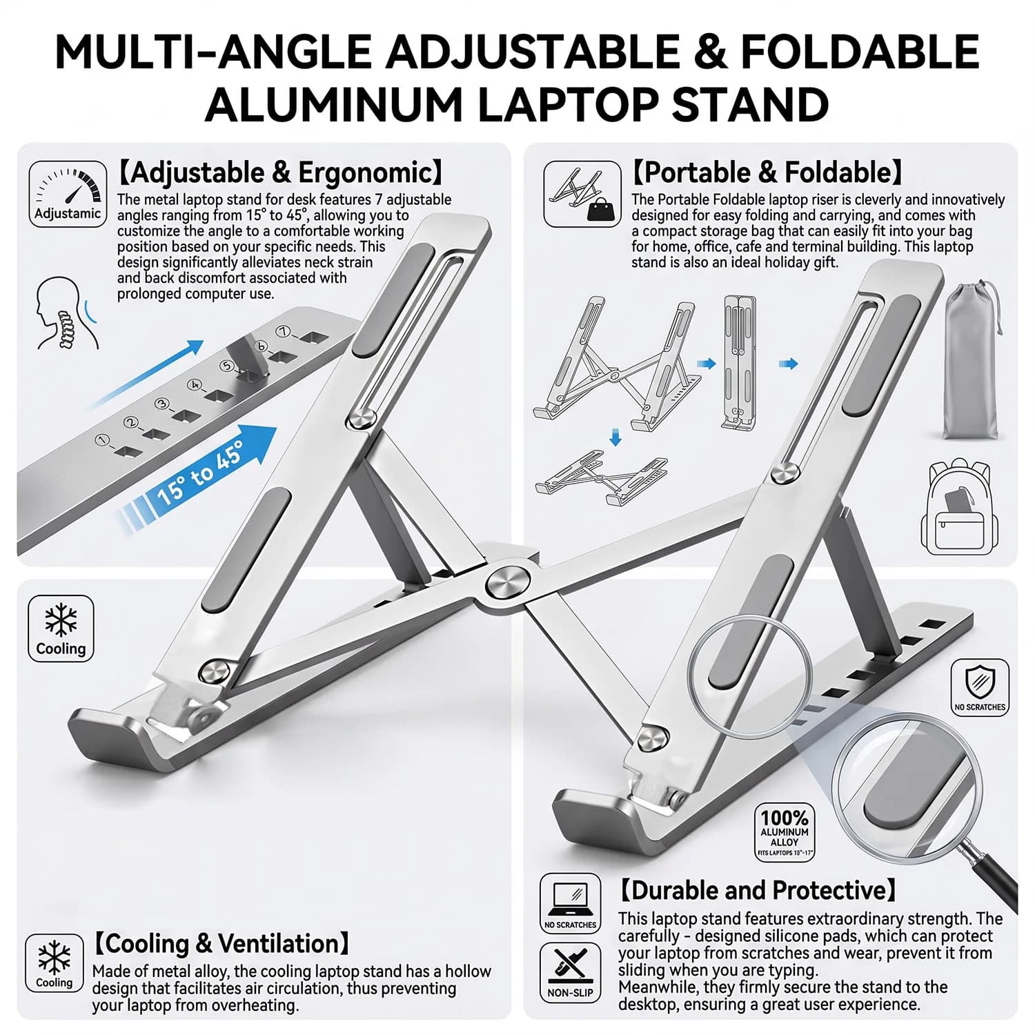 Portable Foldable Laptop Stand for MacBook, Adjustable Heat Dissipation Notebook Holder, Multi-use Bracket for PC & Tablet