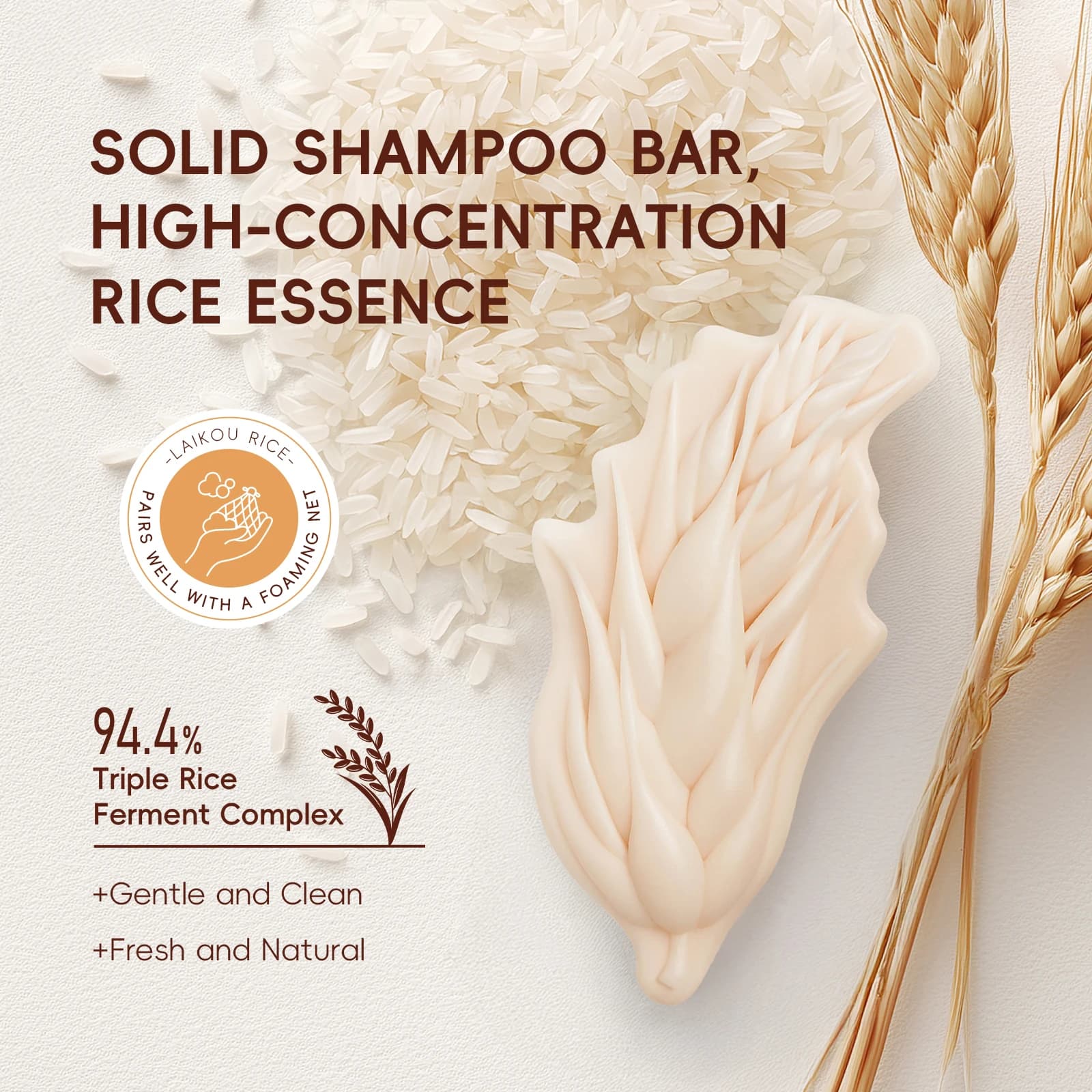 LAIKOU Shampoo Solido Proteico all'Acqua di Riso 80g, Detergente Delicato per Capelli Morbidi, Lisci e Lucenti, Nutriente con Estratto di Riso