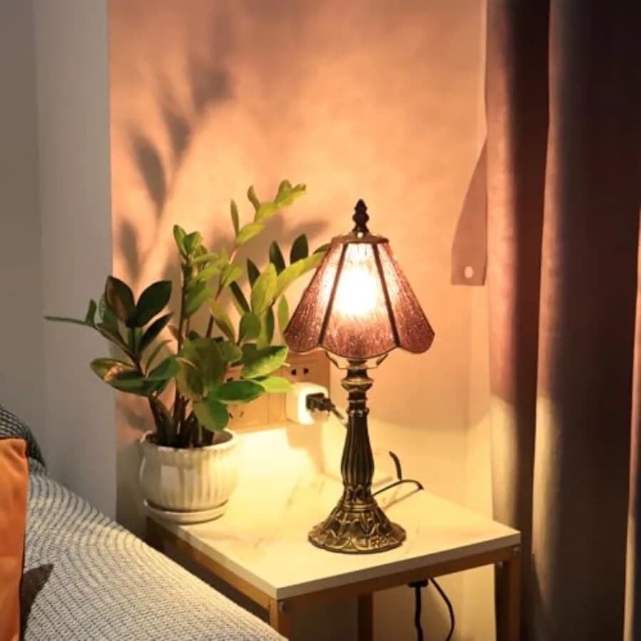 Lampada da Tavolo Tiffany Piccola, Lampada da Scrivania in Vetro Colorato 6X6X14 Pollici, Base in Resina Bronzata, Mini Luce Decorativa Antica