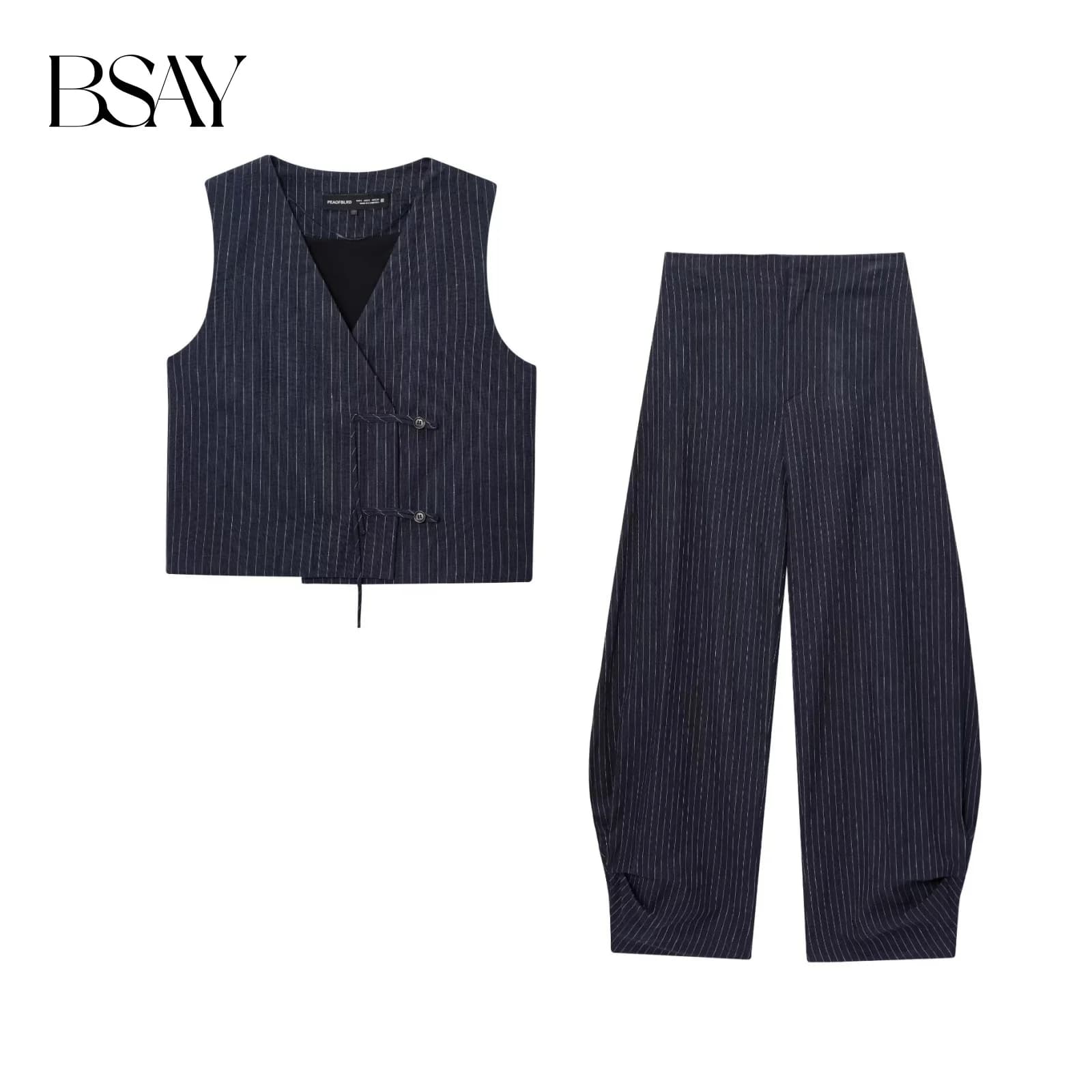 BSAY waistcoat wide leg pants 2025 autumn new two-piece set simple striped button vest or balloon version striped casual pants