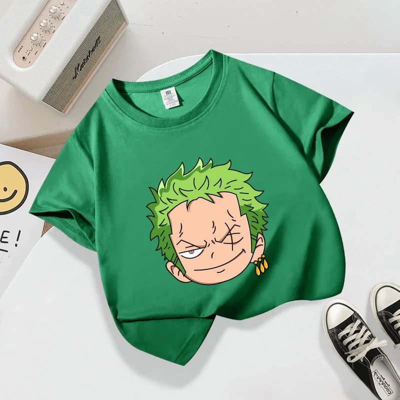 Luffy Print Short Sleeve T-shirt Anime Zoro Kids Clothes Breathable Summer Cute Boys Girls Base Top Funny Birthday Gifts
