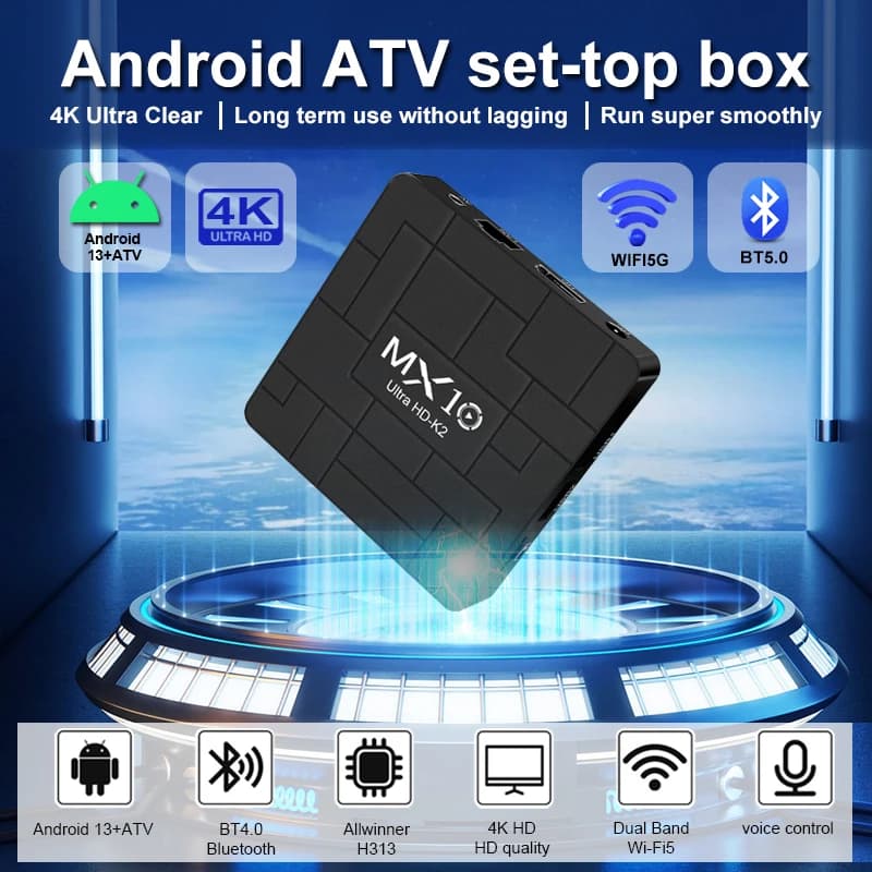 Android 13 MX10 K2 Smart TV Box 4K Mali-G31 Allwinner H313 Wi-Fi 2.4G/5G + BT4.0 Support Voice Remote Control Fire TV Box