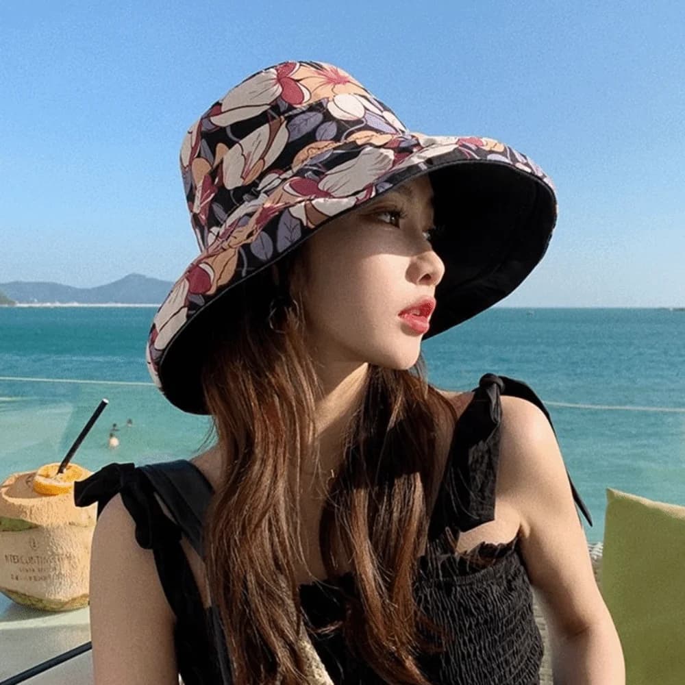 Double-Sided Women Fisherman Hat Flower Print Wide Brim Summer Sun Hat Solid Color Breathable Sunscreen Visor Cap Summer