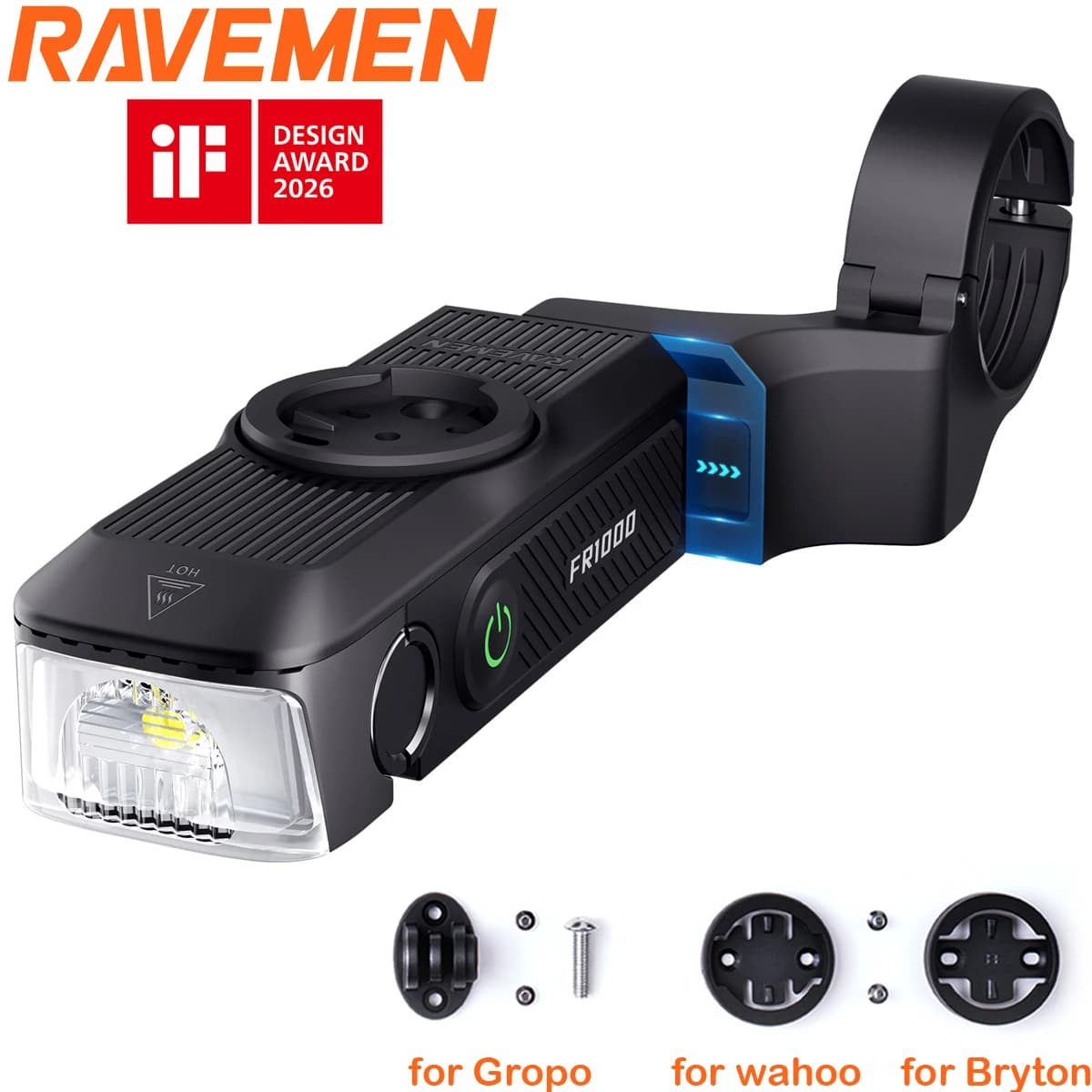 RAVEMEN FR1000 Bicycle Headlight Compatible with Garmin Wahoo Bryton IGPSPORT GPS, Front Light Rechargeable with Support +AGM04