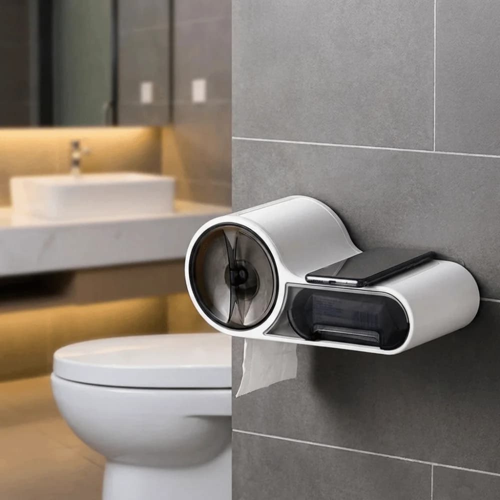 Wall Mounted Toilet Paper Storage Box Plastic Material Waterproof Bathroom Paper Holder Free Punching Phone Holder