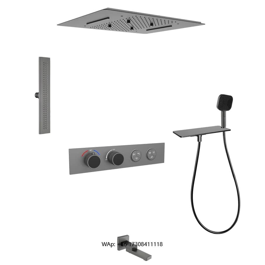 Set soffione doccia a forcella a cascata con pulsante a temperatura costante a 6 funzioni a scomparsa in ottone