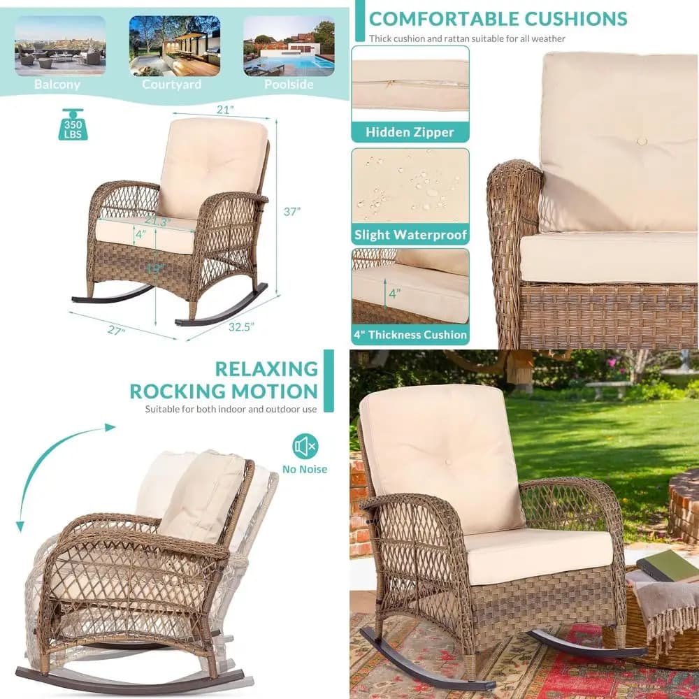 Sedie a dondolo in vimini per tutte le stagioni con cuscini e schienale alto per patio, giardino o veranda in marrone/beige