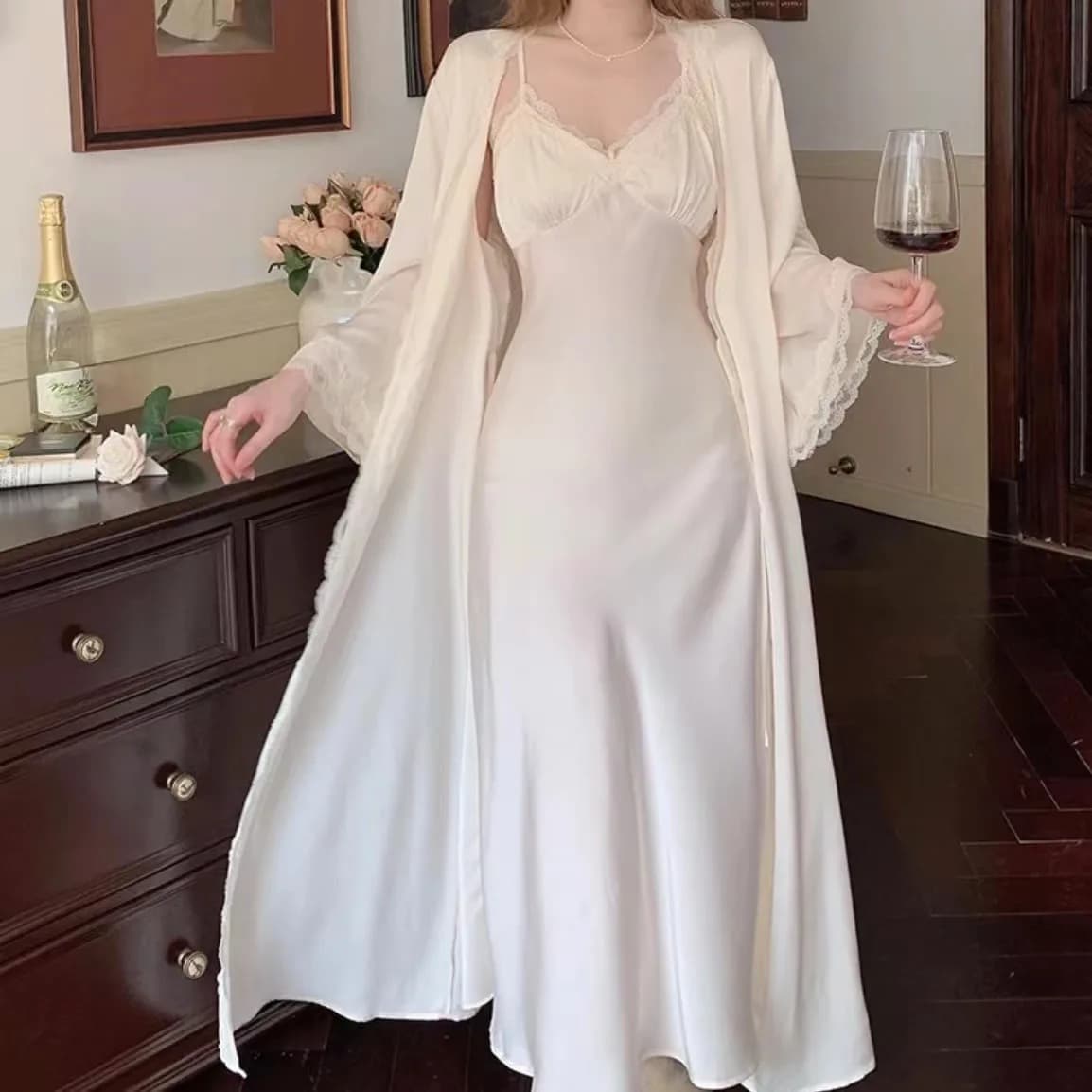 Abito stile principessa Set 2 pezzi Abiti da sposa Camicia da notte Sexy Patchwork in pizzo Camicia da notte Chemise Sleepwear Abito lungo da casa