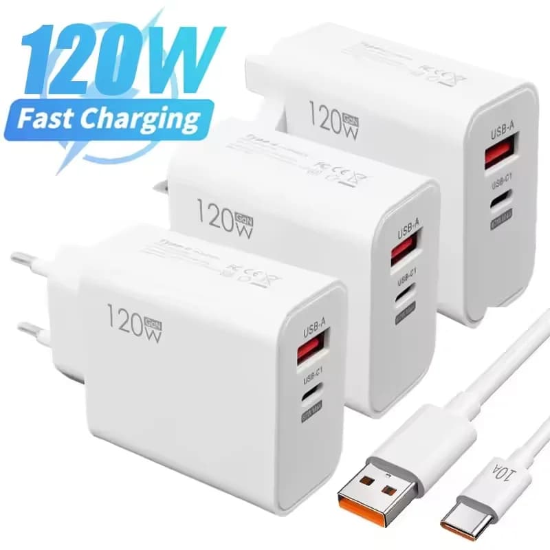 Caricatore USB C GaN da 120W a ricarica rapida con cavo Type C da 6A, caricatore da parete con spina EU US UK per iPhone 17 Xiaomi Samsung, adattatore da viaggio