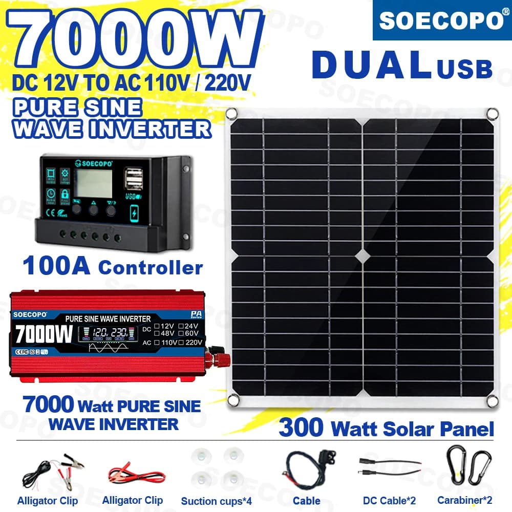 SOECOPO 7000W Kit Sistema Solare Completo Pannello Solare 300W Onda Sinusoidale Pura Inverter DC 12V A 110V/220V 100A Controller Camping RV Casa