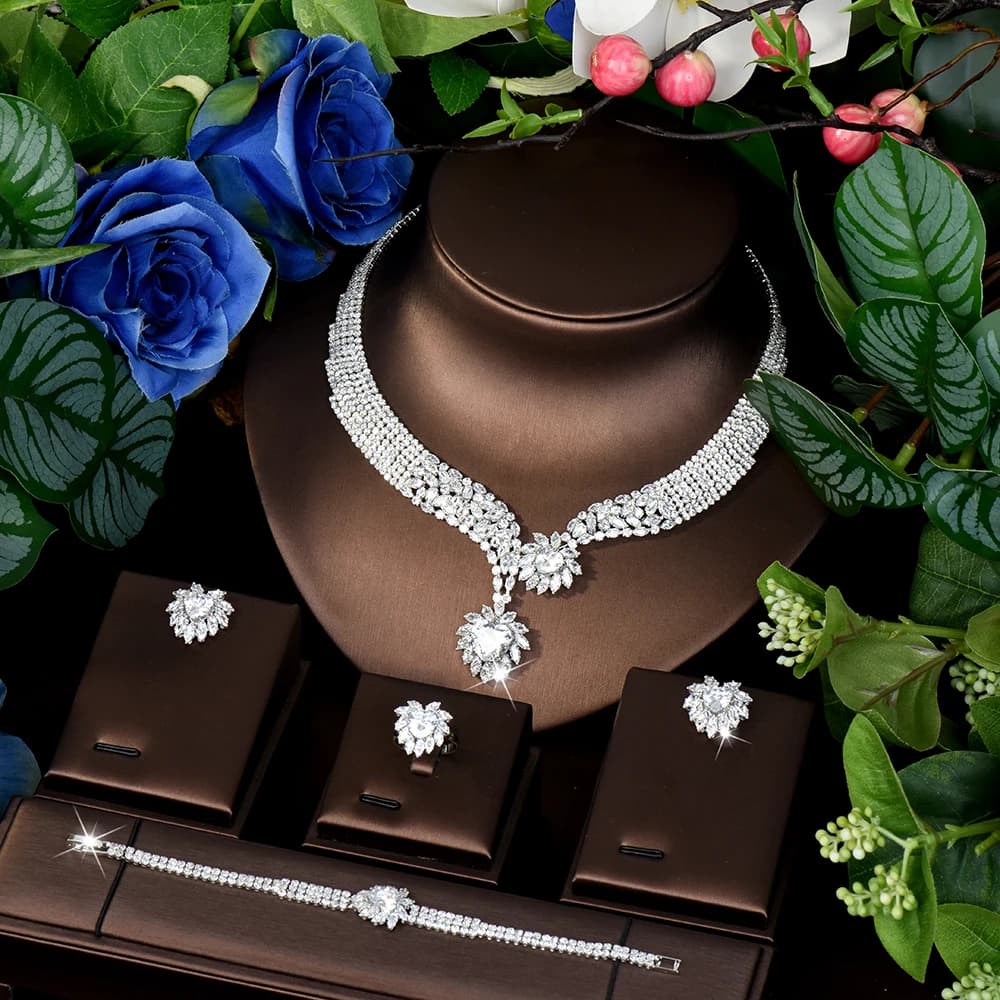 Splendido temperamento spesso luminoso gioielli collana orecchini anello popolare 4 pezzi matrimonio ballo di fine anno festa regalo vestito da donna M-569