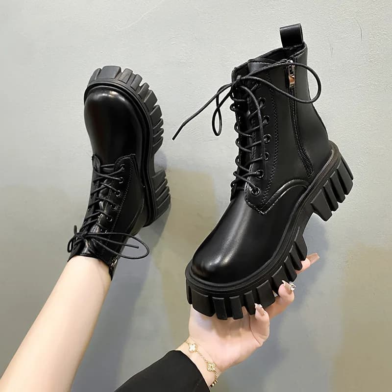 Comfortable Short Boots Women's Autumn Winter Thick Bottom Mid-Calf Zipper Side Lace-Up Large Size Boot Korean Style