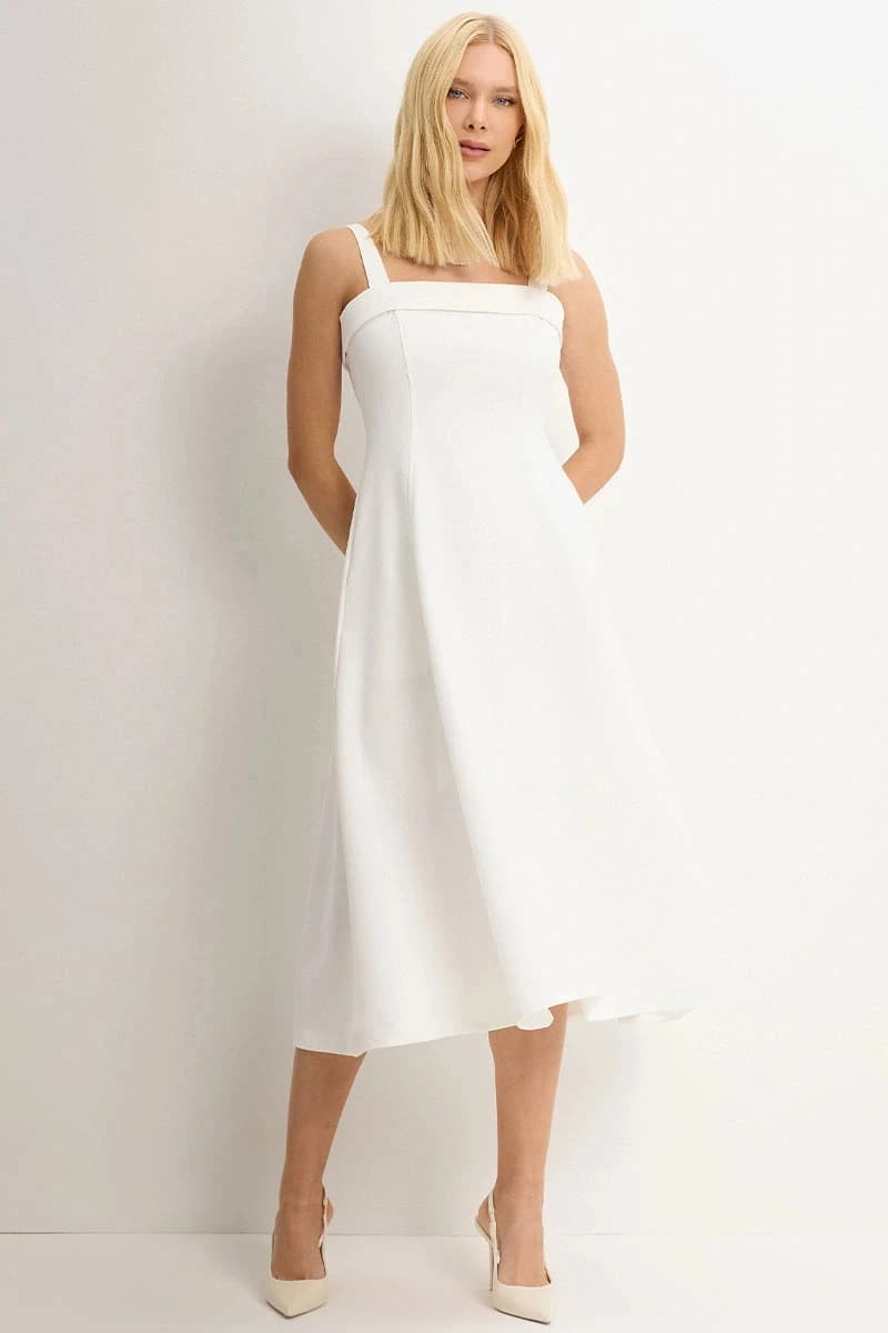 Abiti da Sera Bianchi Moderni Personalizzati, Vestito da Spiaggia Classico Drappeggiato a Linea A, Abito da Cocktail con Schiena Scoperta e Arricciature, Lunghezza Midi
