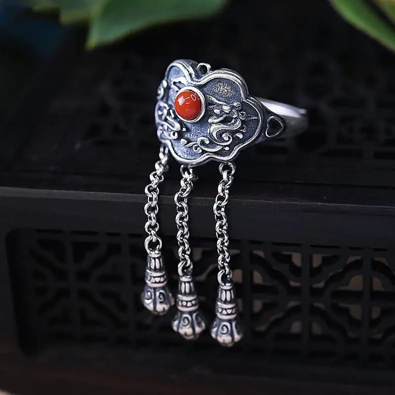 Natural Hetian Jasper Bat Thai Silver Tassel Opening Ring Retro Designer Craft Light Luxury Charm Women's Brand Jewelry