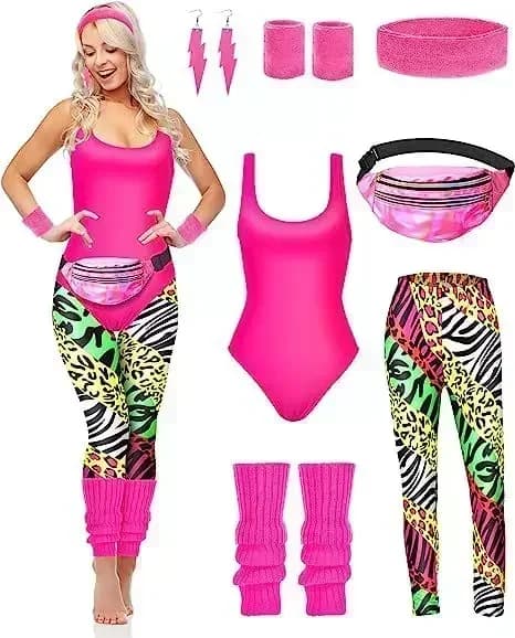 7 pezzi anni '80 fantasia allenamento costume anni '80 accessori set anni '80 body anni '90 legging fascia braccialetti scaldamuscoli orecchini marsupio