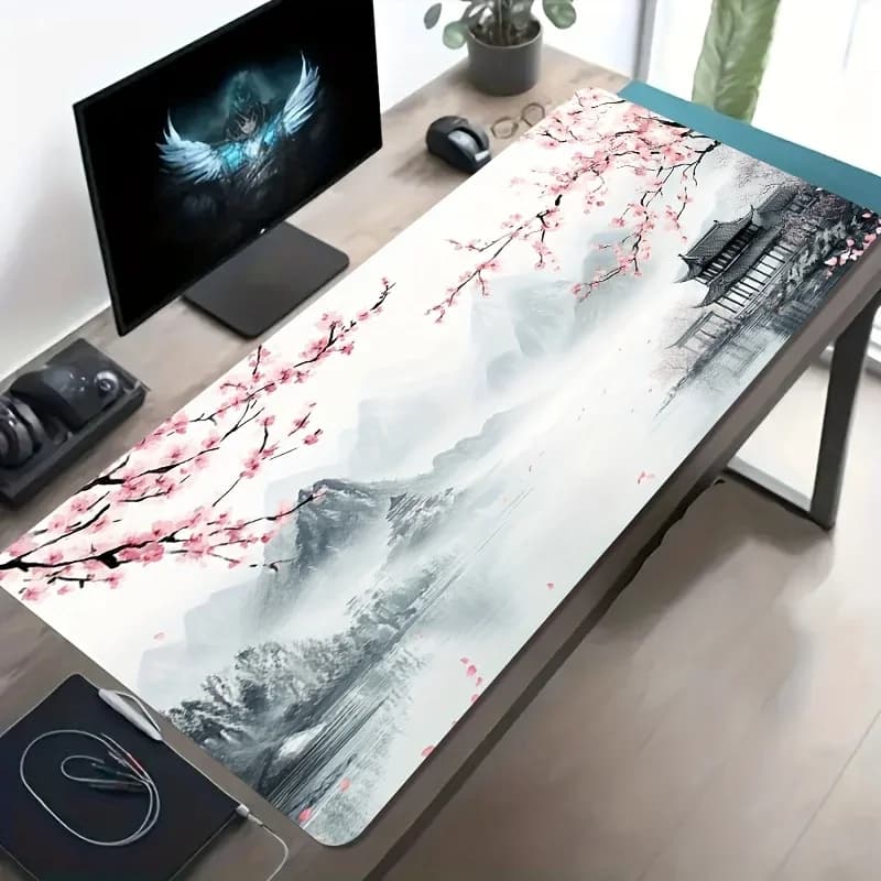 Large XXL Gaming Mouse Pad, Waterproof Washable Rubber Base, Ink Painting Floral Art Style, Desk Mat for Office & Home, Gamer Gi