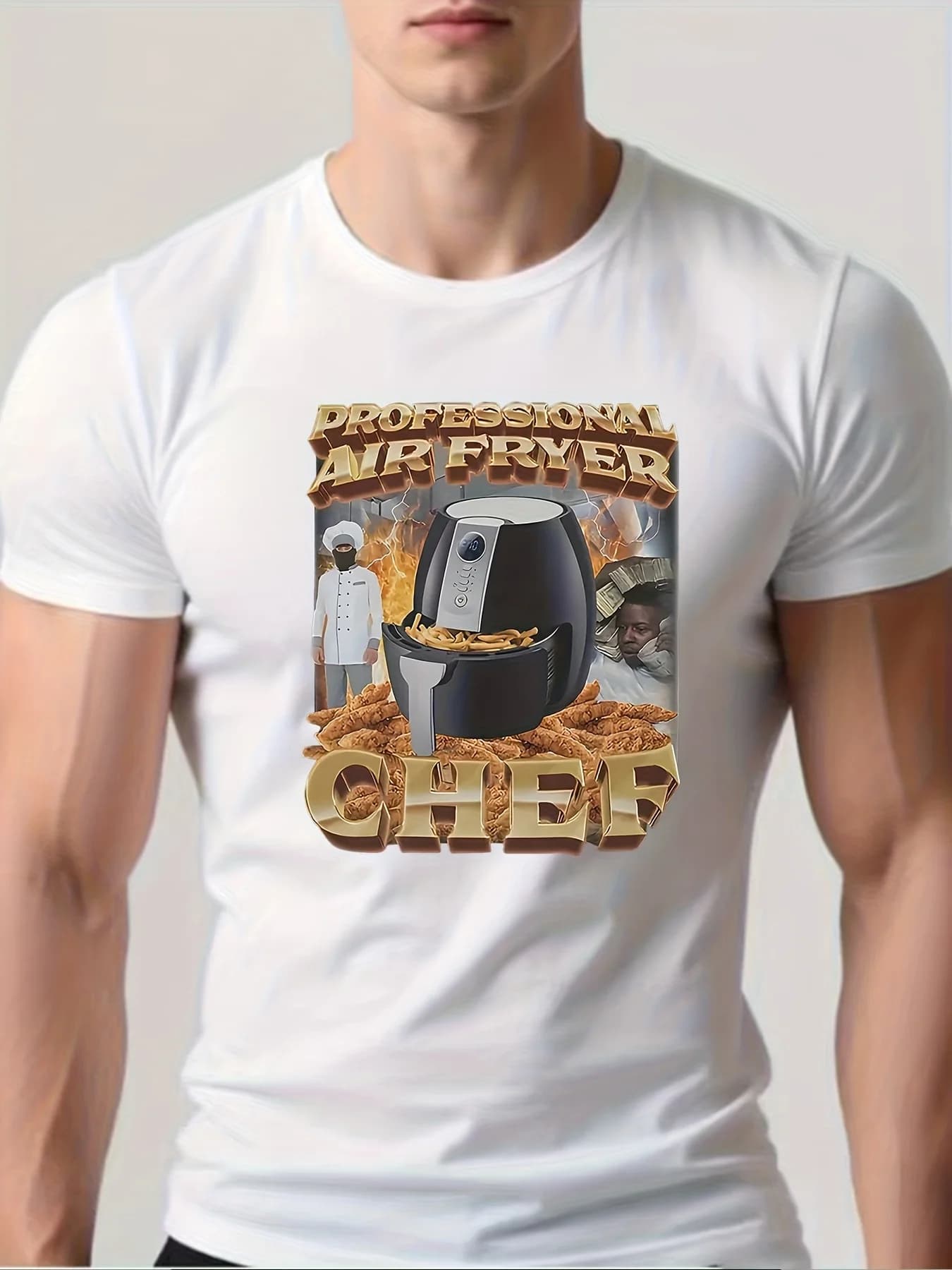 T-shirt with Graphics Emoji Chef from Professional Air Fryer, Fashionable Hip-hop T-shirt for Men and Women, Top with Print Street Fashion