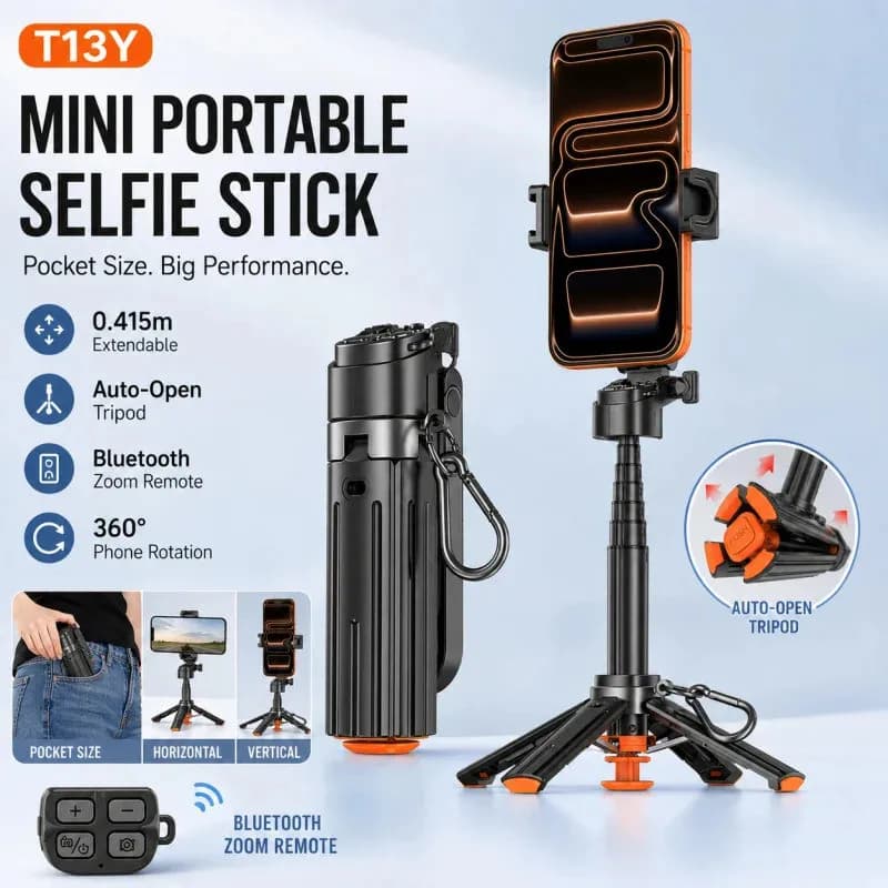 T13Y Portable Extendable Selfie Stick Tripod Bluetooth Remote Phone Holder Stand for Live Streaming Vlog Travel Video Shooting