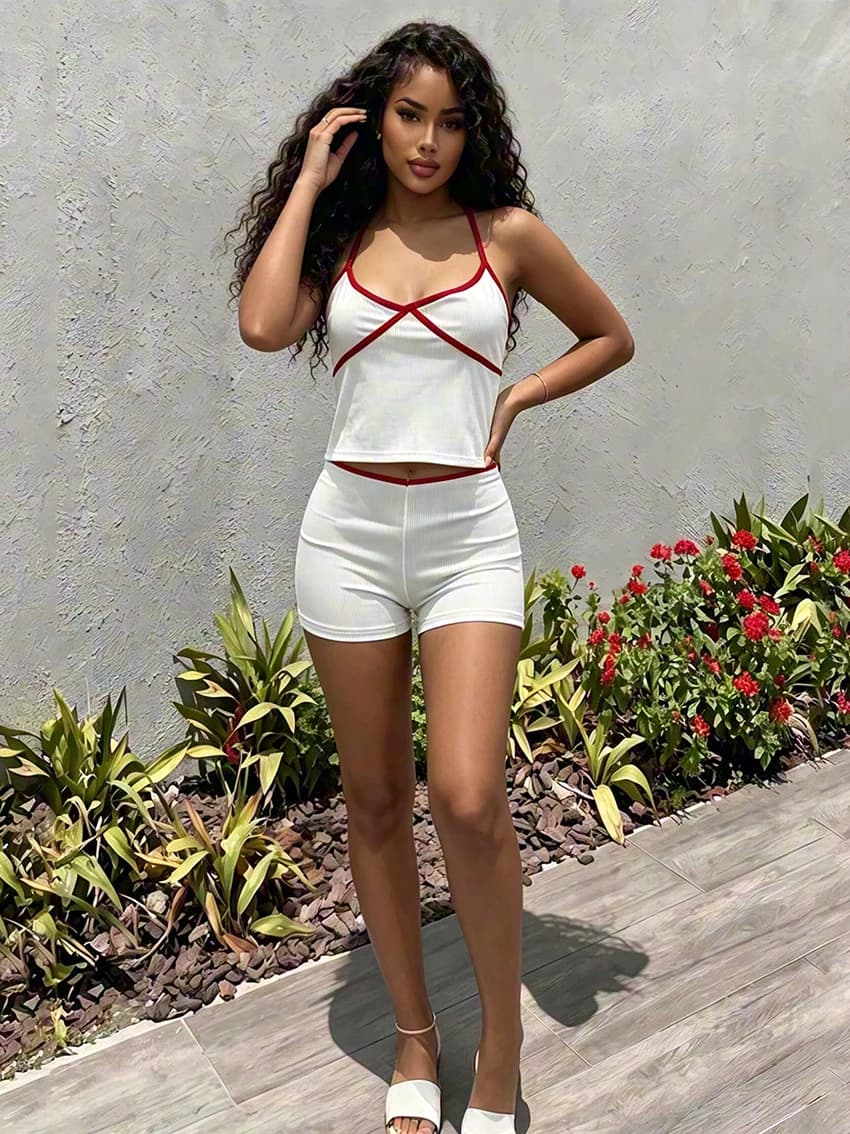 Y2K Ladies Ribbed Knit Matching Sets Red Piping Trim Cross Back Spaghetti Strap Camisole High Waist Bike Short Pajama Tracksuits