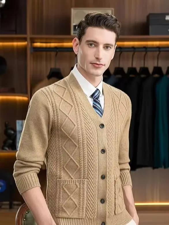 Men's V-neck pure cashmere knit cardigan thick needle twisted sweater business casual warm coat in autumn and winter