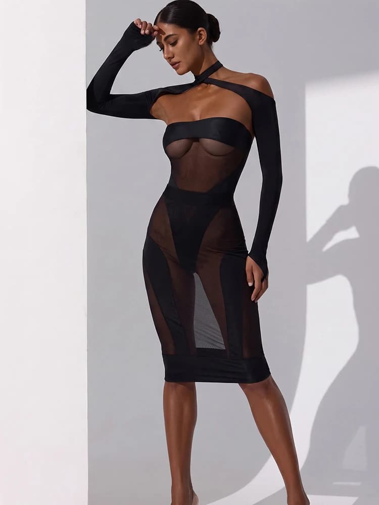 Sisterlinda Women Sexy Hottie 2 Piece Set Mesh Patchwork Dress+Cross Crop Jacket Stretch Skinny Coquette Midnight Party Clubwear