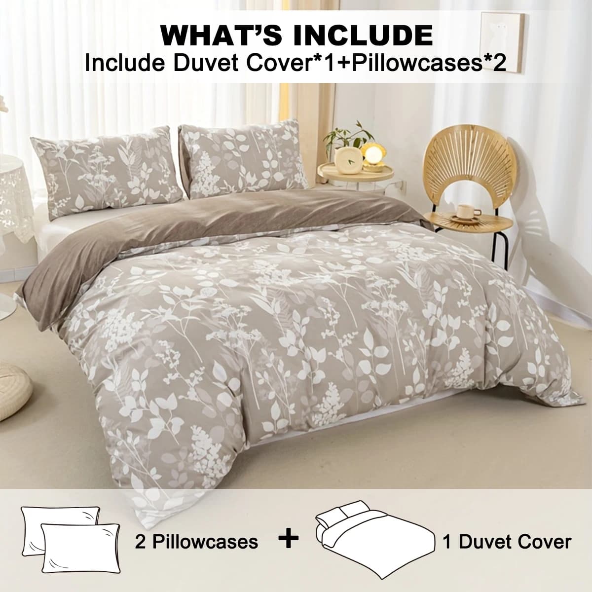 3pcs/set Leaf Floral Pattern Duvet Cover Set(1 Duvet Cover & 2 Pillowcase）Soft And Skin-Friendly Duvet Cover Bedding Set For