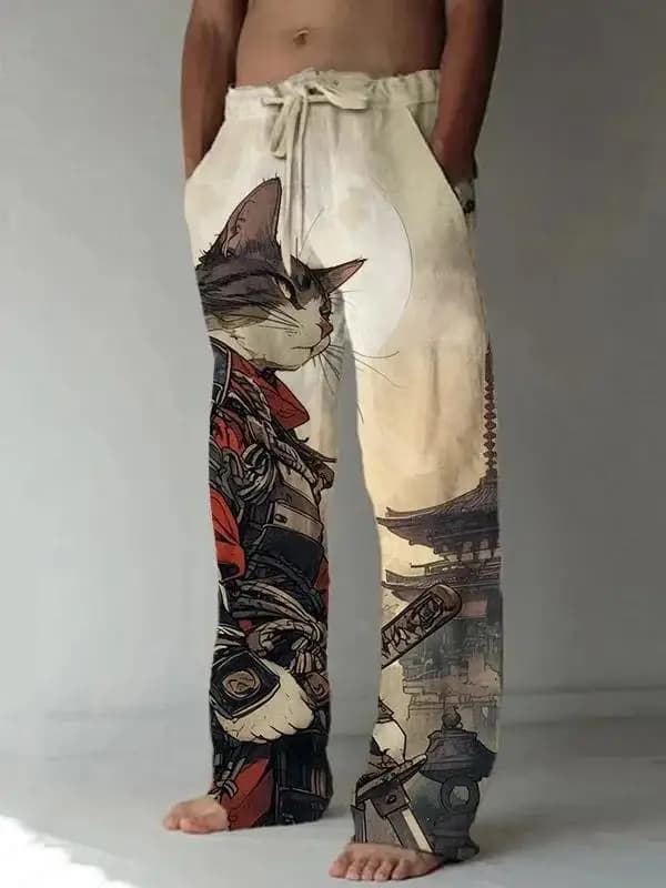 Unisex Japanese Samurai Cat Print Wide Leg Pants, Harajuku Hipster Summer Streetwear Sweatpants For Men And Women