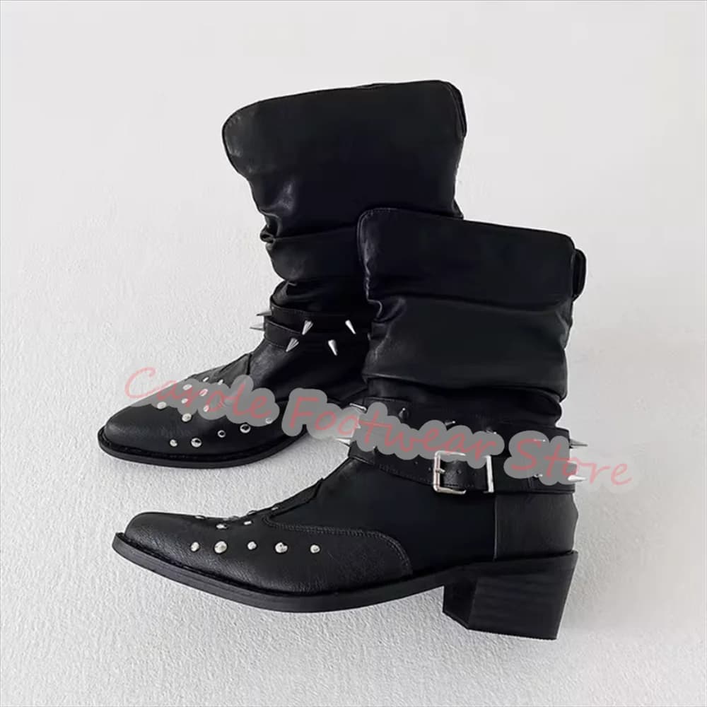Punk Rivetto Belt Buckle Black pleated boots for men Tip toe Chunky heel Western cowboy boots Men's party dress Horse Boots