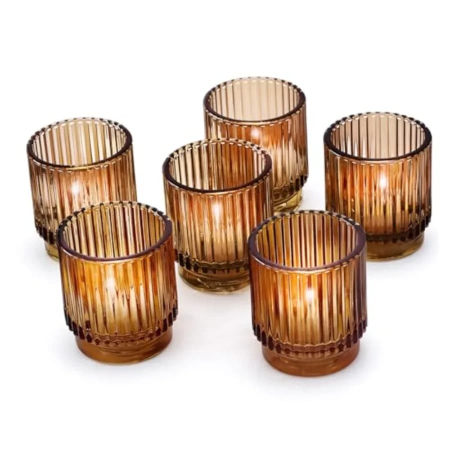 Set di 6 Portacandele Vintage in Vetro per Tealight e Candele Votive, Set di Portacandele Scanalati Rustici, Decorazione Boho per la Casa, Centrotavola per Matrimoni