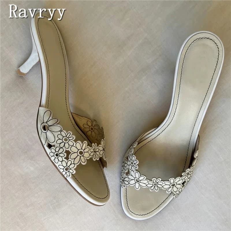 Women Elegant Daisy Cutout Floral Slide Mules Open Toe Kitten Heel Slippers Summer Sweet Wedding Party Dress Shoes