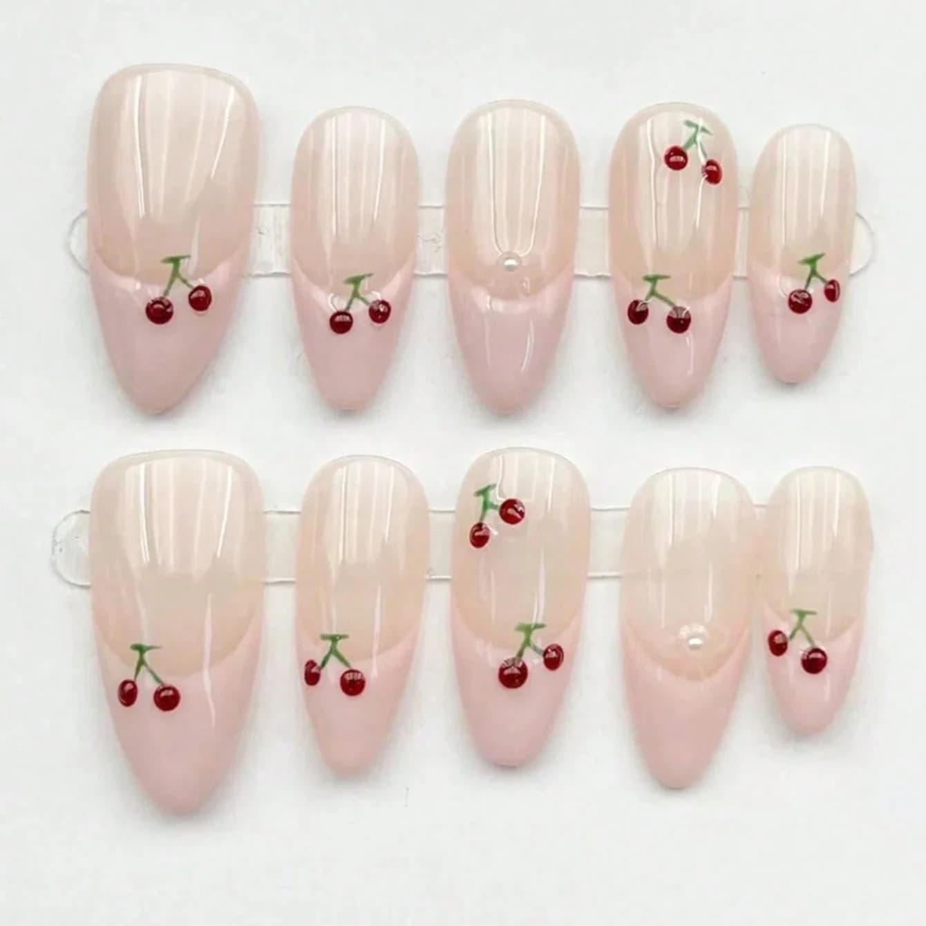 10pcs Medium Almond Nude Pink Hand-painted Cherry Press On Nails, Gift For Women, DIY Nail Art, Fake Nails, Handmade Nail Set