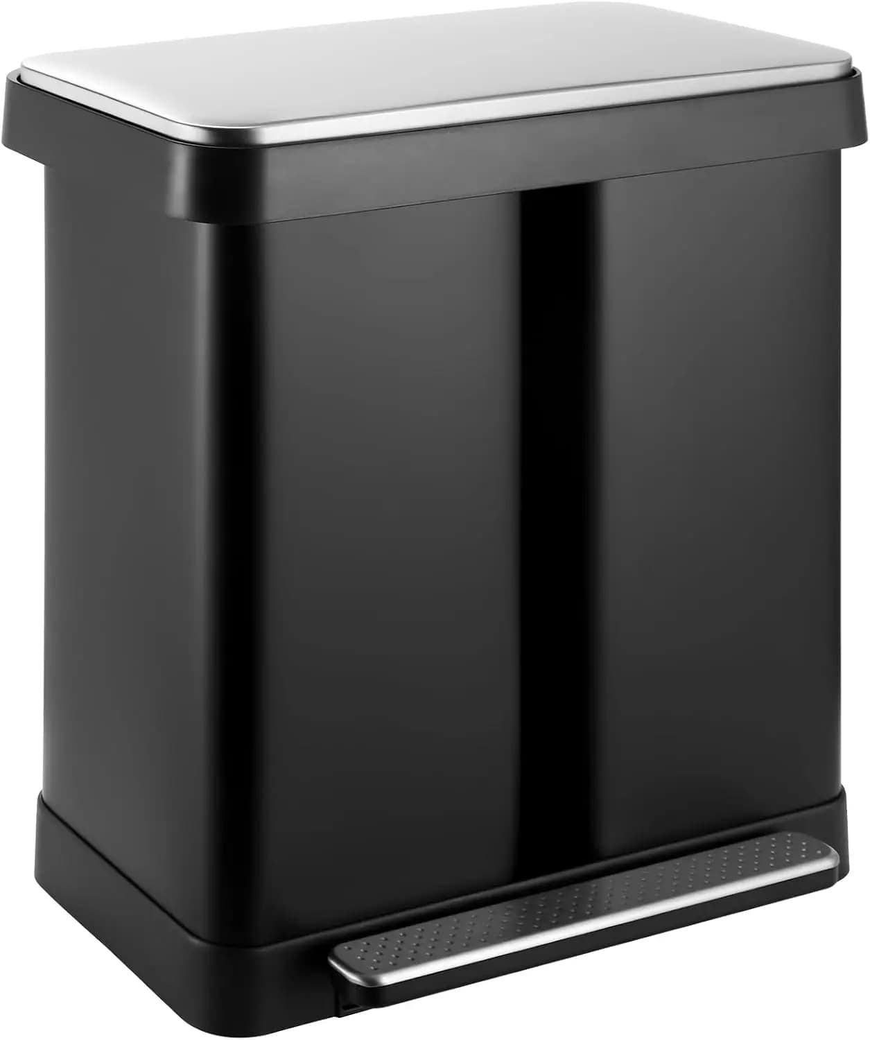 ^16 Gallon Dual Compartment Trash Can, Hands-Free Recycling Rectangular Garbage Bin, Stainless Steel Step-On Dustbin