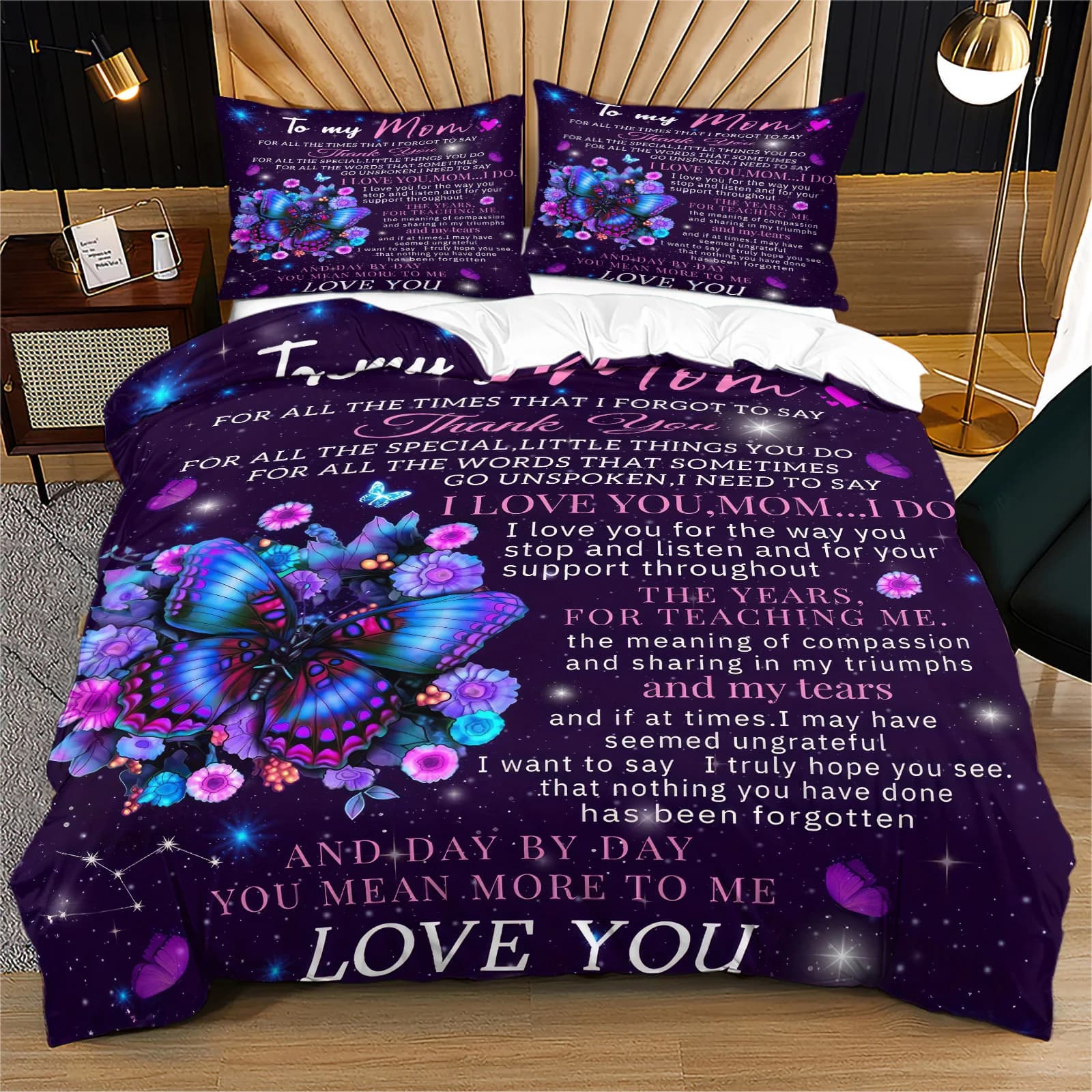 To My Mom Butterfly Purple Galaxy Duvet Cover Set Love Letter Quote Bedding Set Soft Polyester Quilt Cover Pillowcase Mom Gift