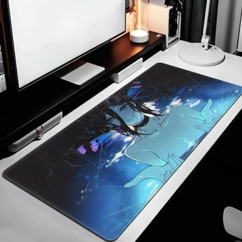 Fantastico Tappetino per Mouse da Gaming Blu Neon Stile Anime, Grande Tappetino da Scrivania Antiscivolo con Stampa Effetto Glitch per Giocatori e Ufficio Domestico