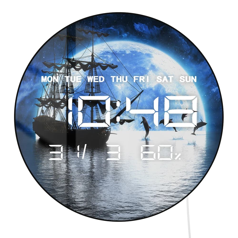 Orologio da Parete Elettrico Multifunzione con Luna Piena, Nave e Delfini, Calendario Digitale LED, Temperatura, Oscuramento Automatico, 12/24 Ore