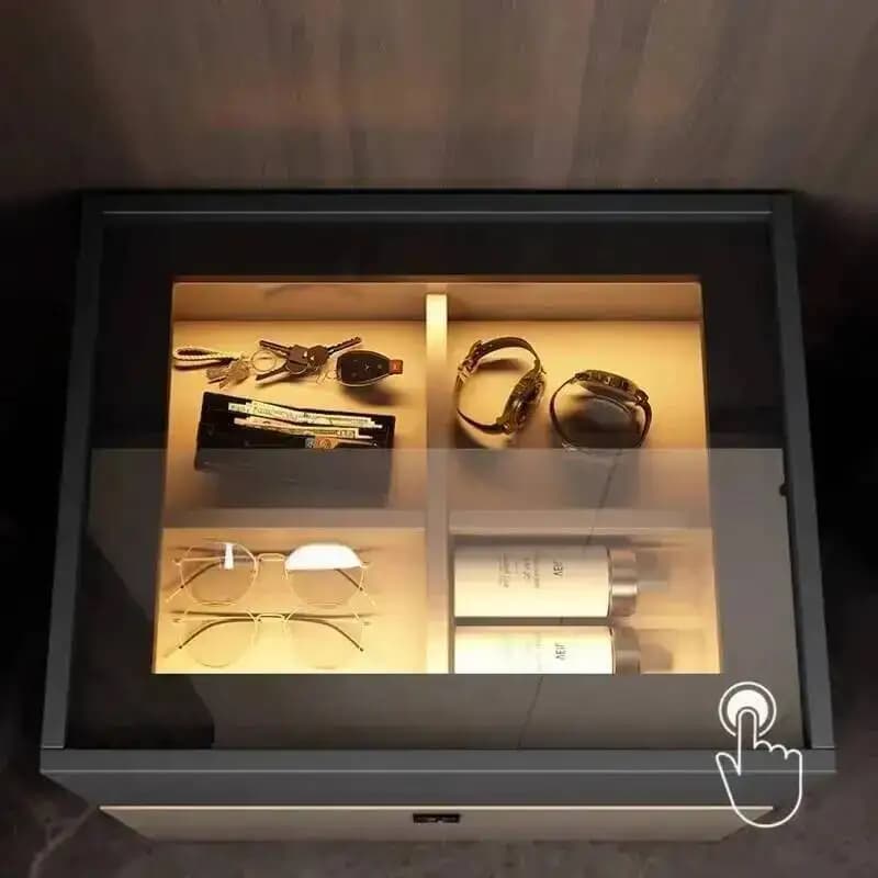 Comodino con Serratura Intelligente a Impronta Digitale, Armadietto Contenitore per Camera da Letto con Sensore e Lampada, Cassaforte Integrata