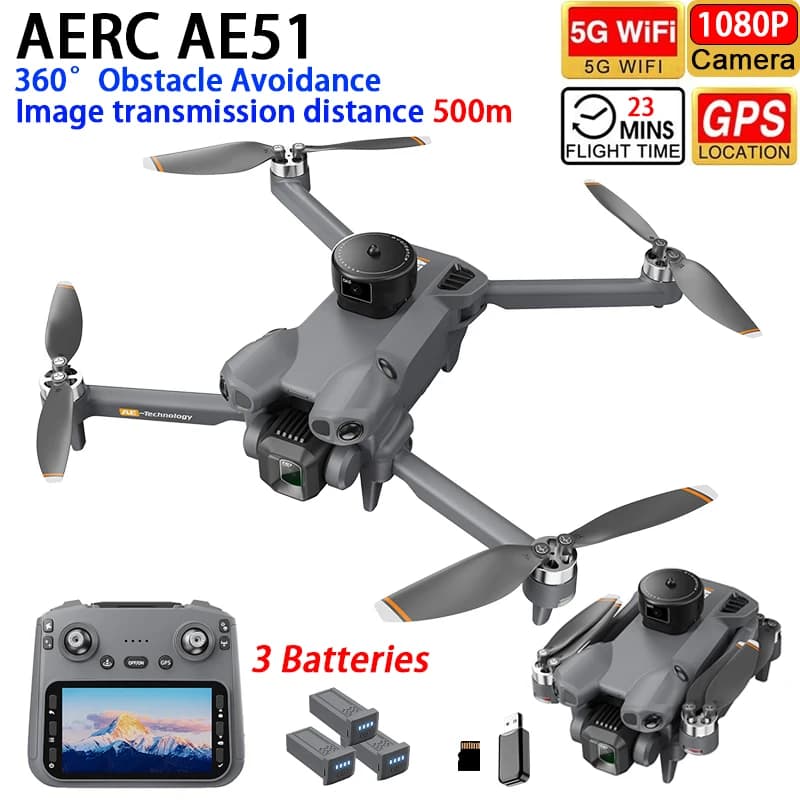 AERC AE51 Drone GPS WIFI FPV ESC 1080P HD Dual Camera 360° Obstacle Avoidance Smart Follow Airdrop Quadcopter 4.5" Screen