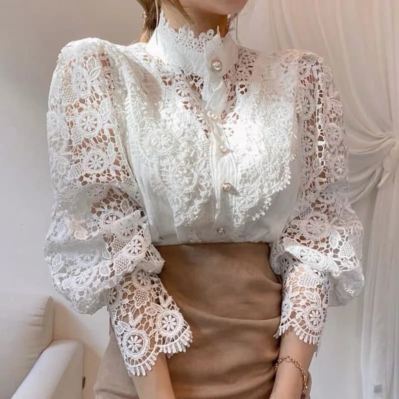 Camicetta bianca da donna in chiffon elegante pizzo floreale soffice a maniche lunghe con bottoni casual alla moda