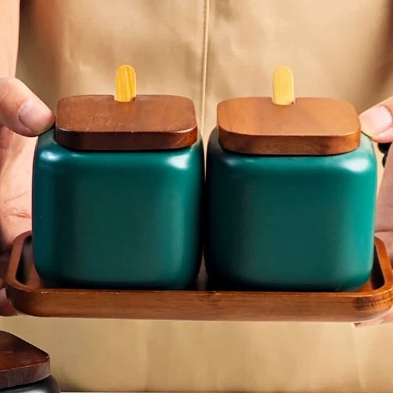 Coperchio in legno, scatola per condimenti in ceramica satinata, zuccheriera, saliera e pepiera, set di barattoli per condimenti per la casa, utensili da cucina