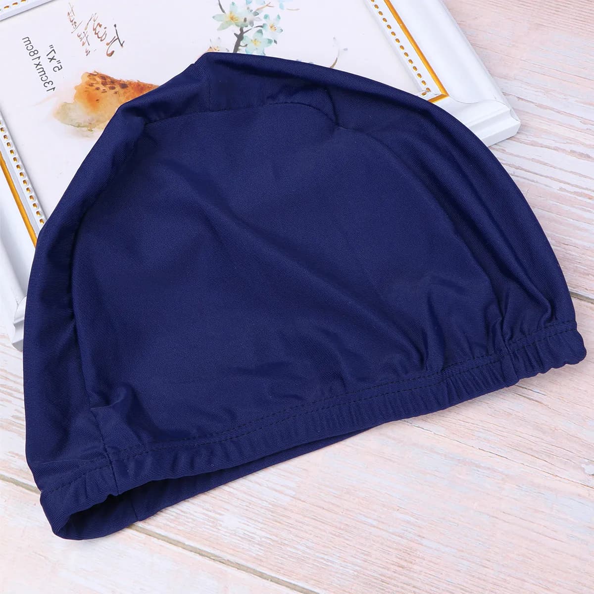 Cuffia da nuoto in tessuto di poliestere per adulti, blu navy, non impermeabile, elastica, comoda, protegge testa, capelli e orecchie, per donne e uomini